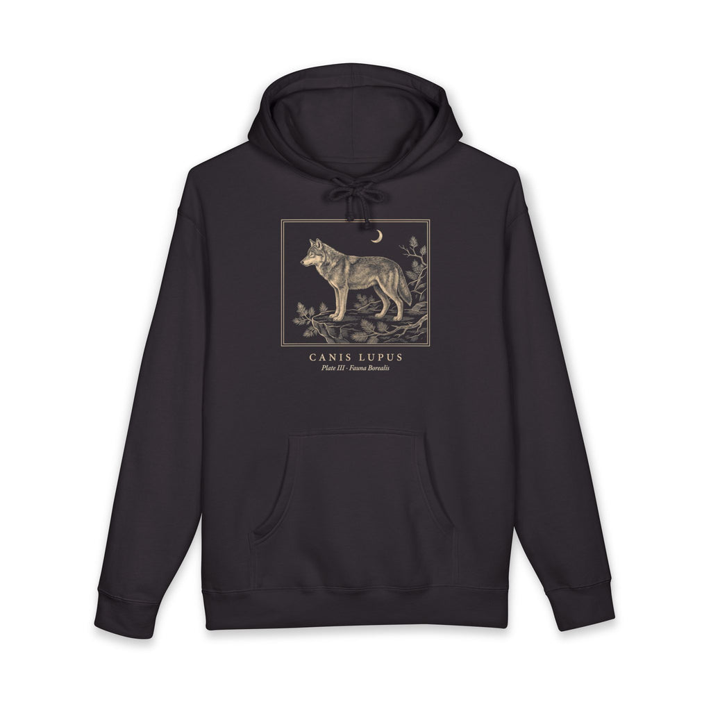 Grey Wolf Engraving Heavyweight Hoodie – Canis Lupus Vintage Plate