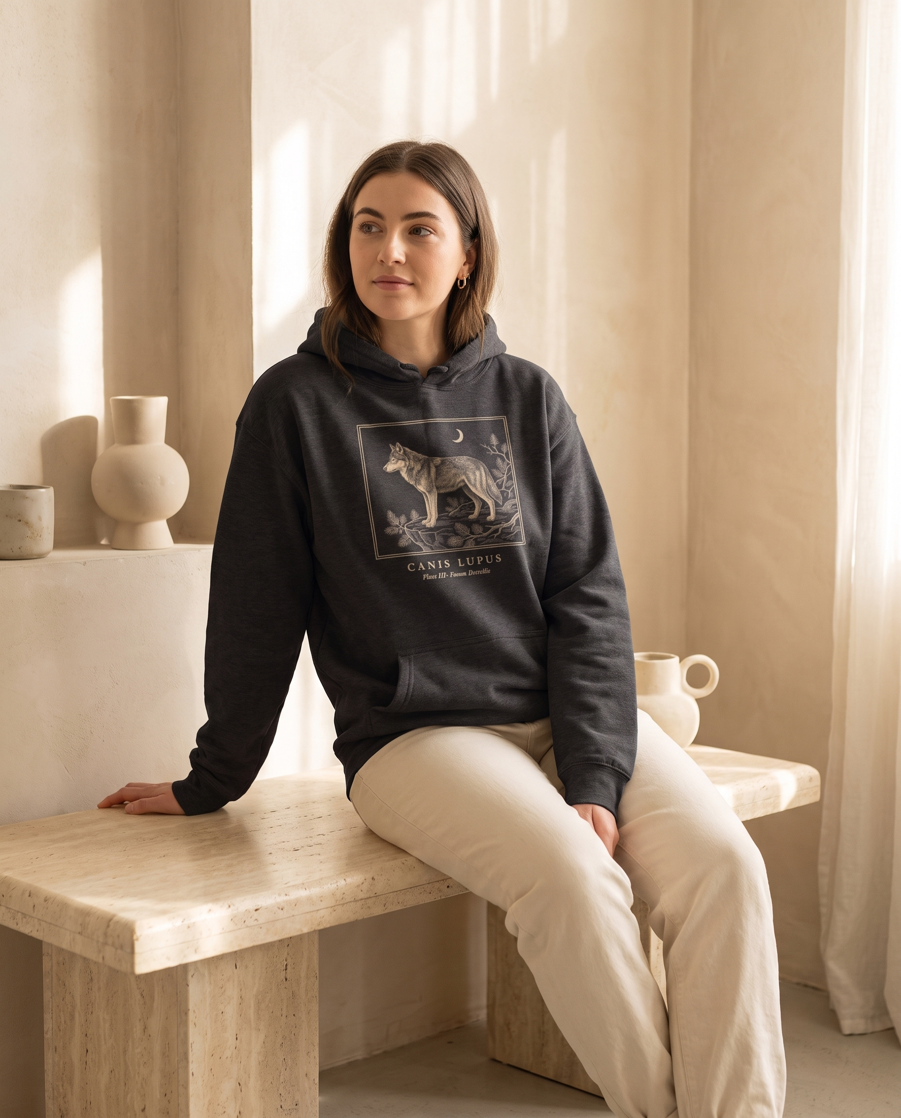 Grey Wolf Engraving Heavyweight Hoodie – Canis Lupus Vintage Plate