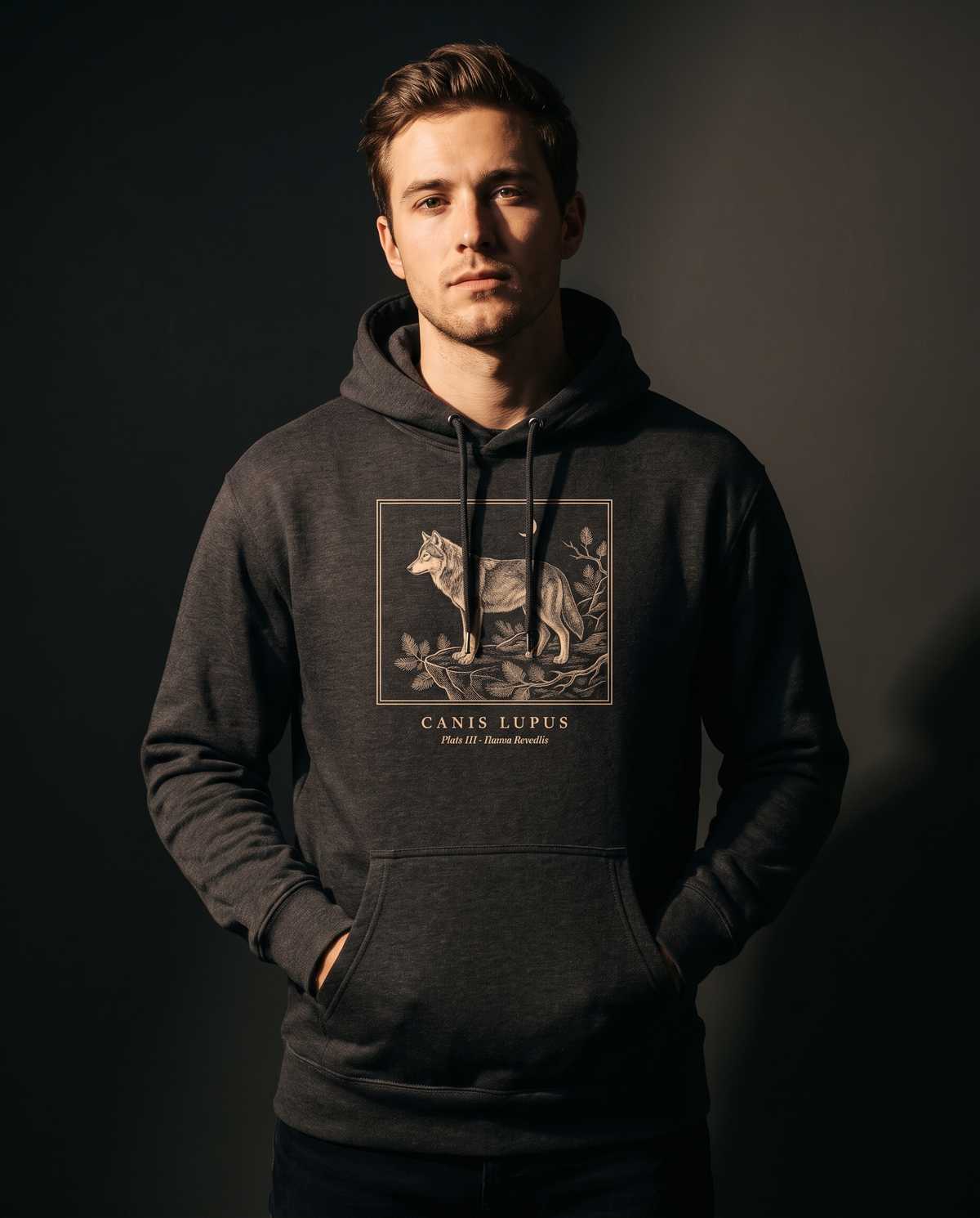 Grey Wolf Engraving Heavyweight Hoodie – Canis Lupus Vintage Plate