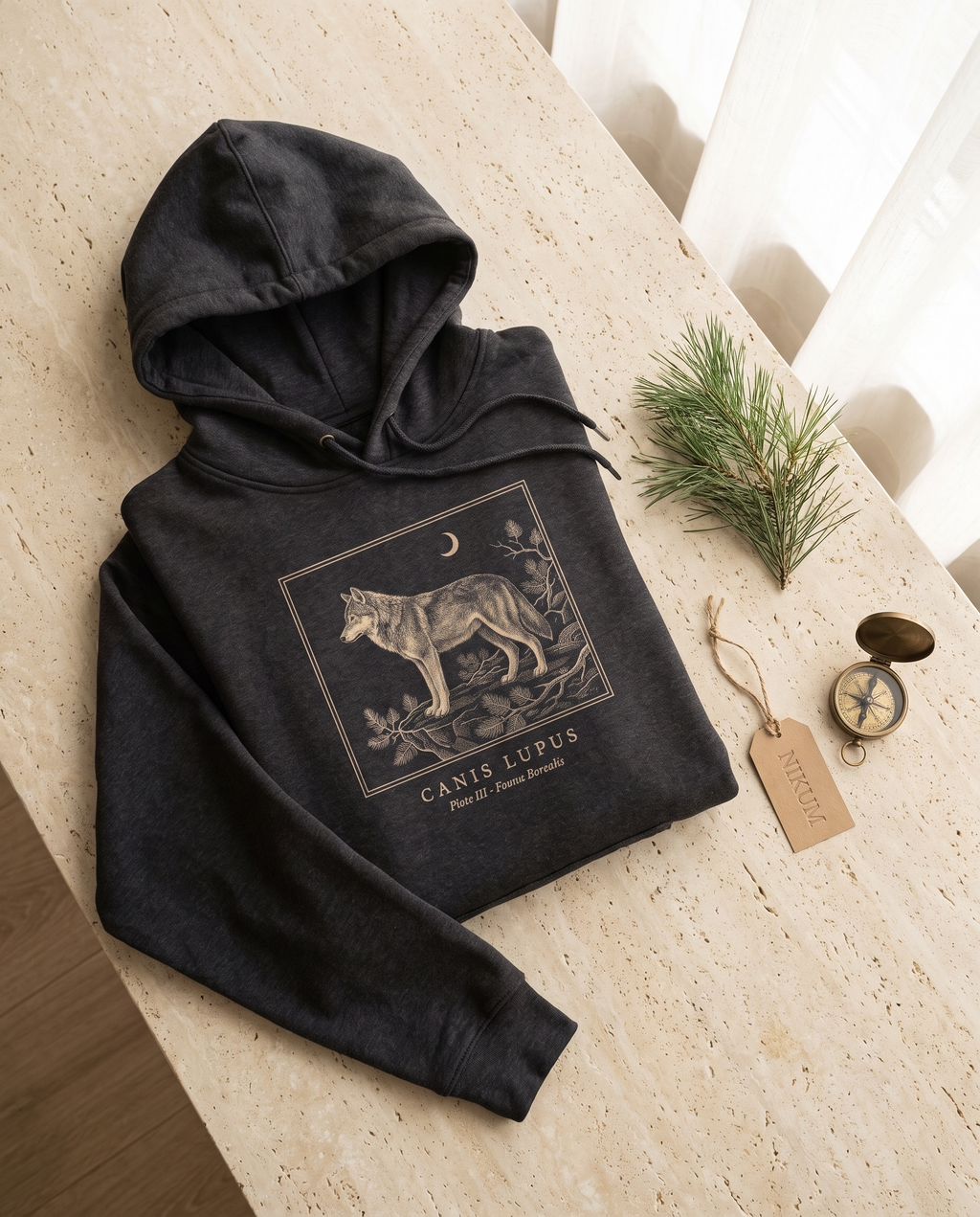 Grey Wolf Engraving Heavyweight Hoodie – Canis Lupus Vintage Plate