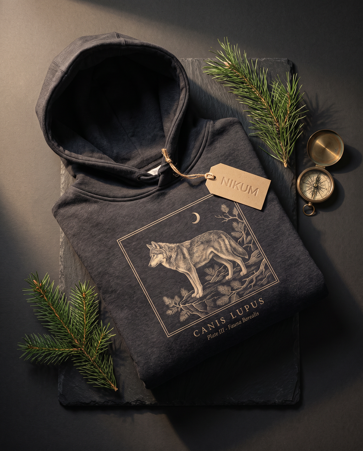 Grey Wolf Engraving Heavyweight Hoodie – Canis Lupus Vintage Plate